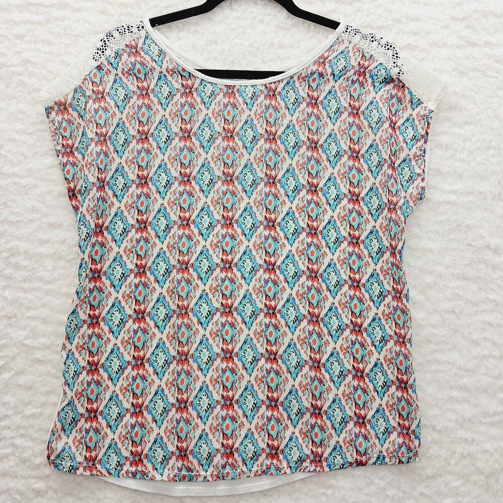 Blouse Top Lace Whimsycore Boho Casual Romantic Coral Teal Y2K Vacation Size M